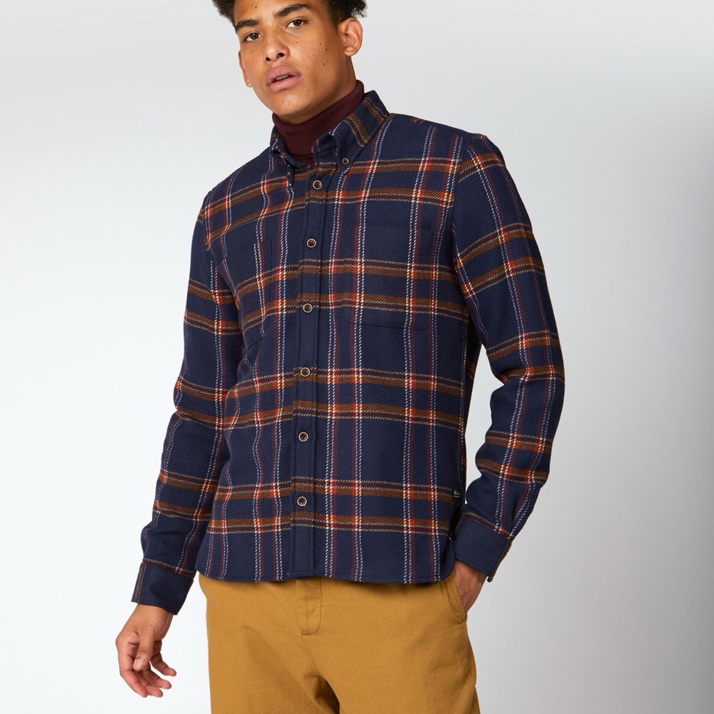 Ben Sherman Flannel Plaid Button-Up Shirt Large Gorpcore Lagenlook Wool Blend